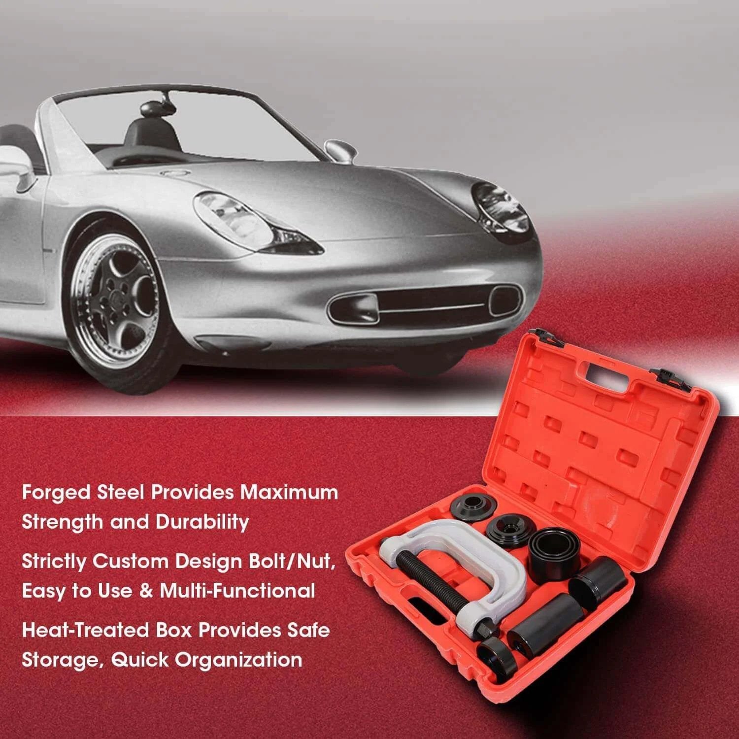 Ball Joint Press and U Joint Removal Kit, 10 PCS in portable storage case next to a silver car on a red and gray background.