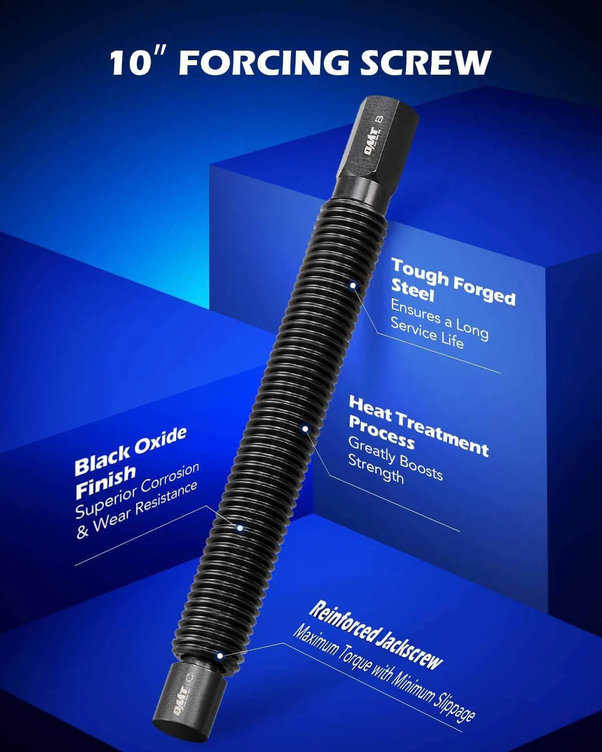 10-inch forcing screw with black oxide finish for Ball Joint Press Kit, 21-Piece Ball Joint Removal Tool showing tough forged steel.