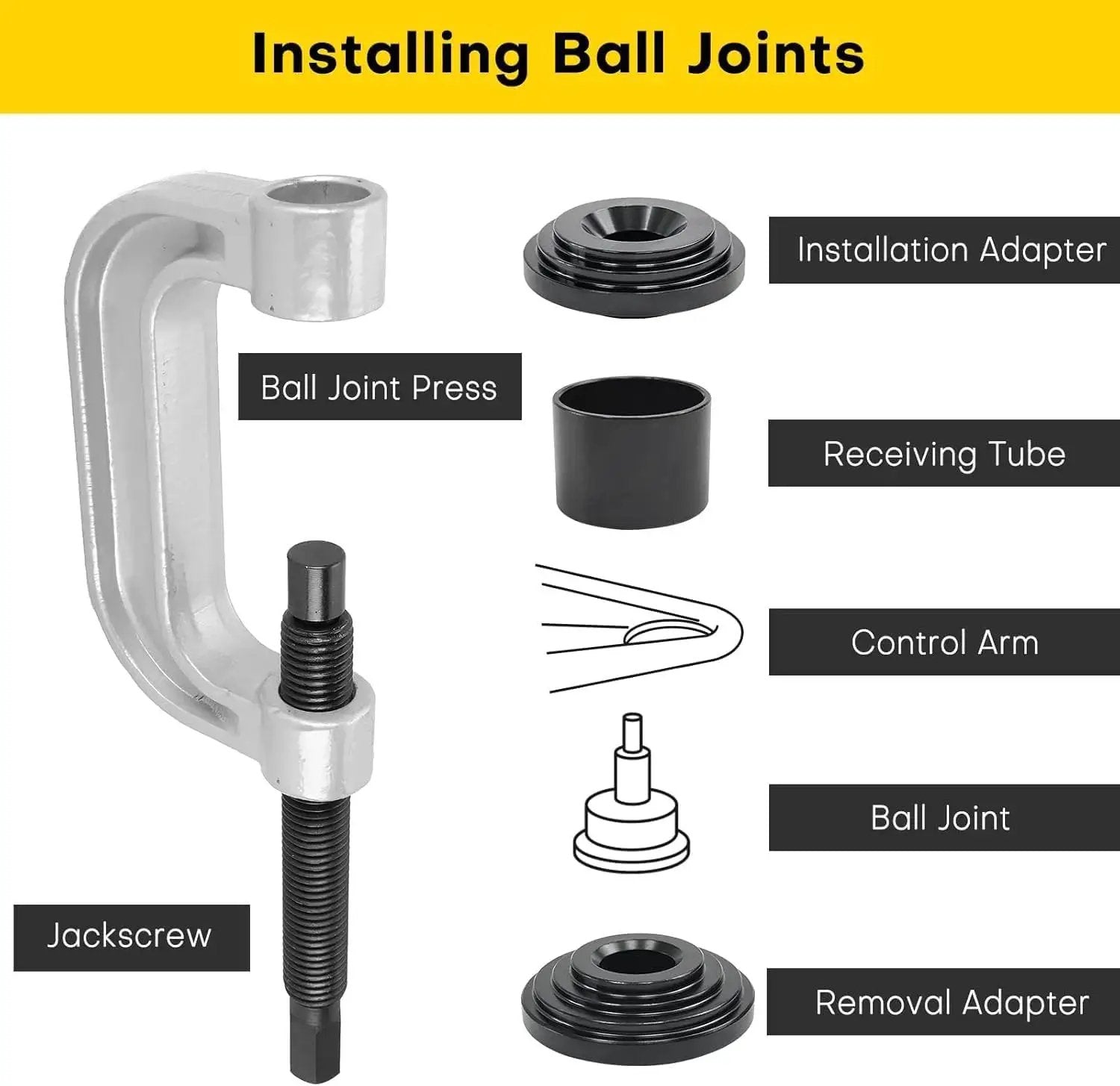 Diagram showing parts of Heavy Duty Ball Joint Press Kit with U Joint Removal Tool and 4WD Adapters, including press and adapters.