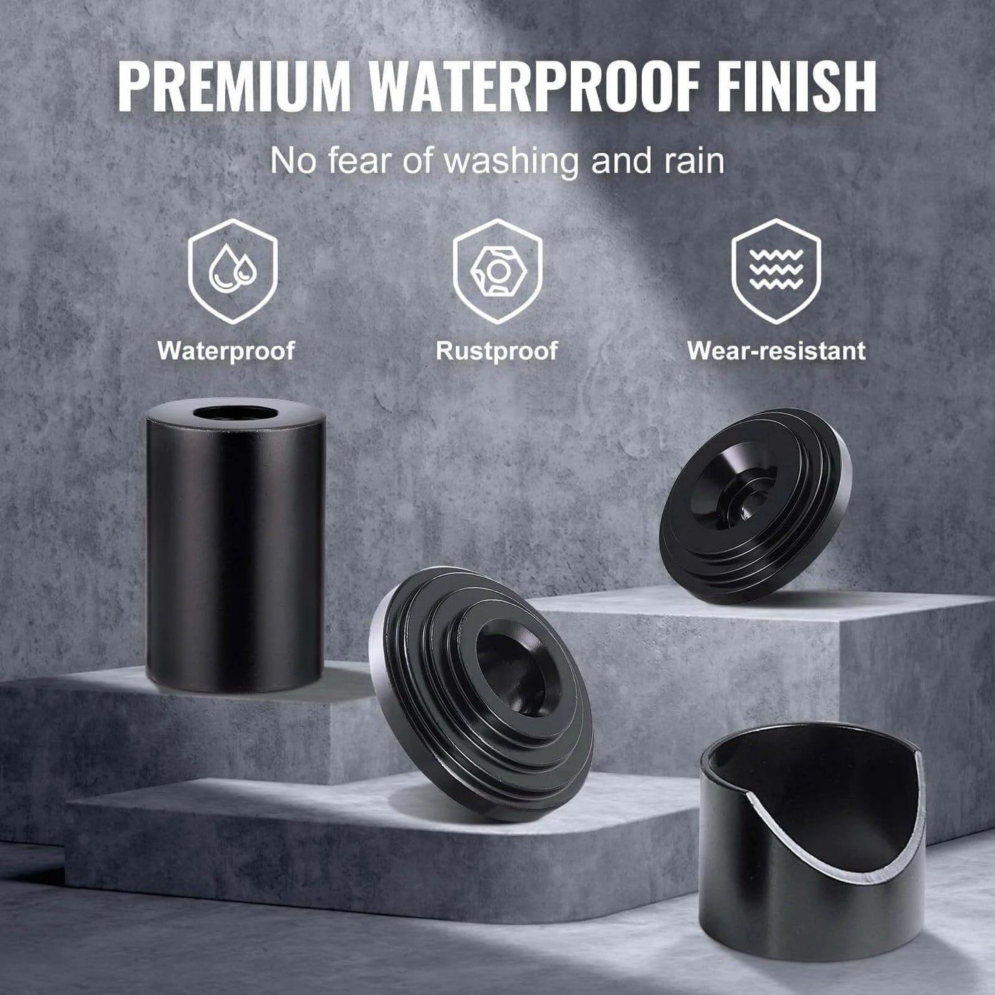 Close-up of Ball Joint Press Kit, 21 pcsTool Kit, showing waterproof, rustproof tools on concrete steps, ideal for 2WD and 4WD car repairs