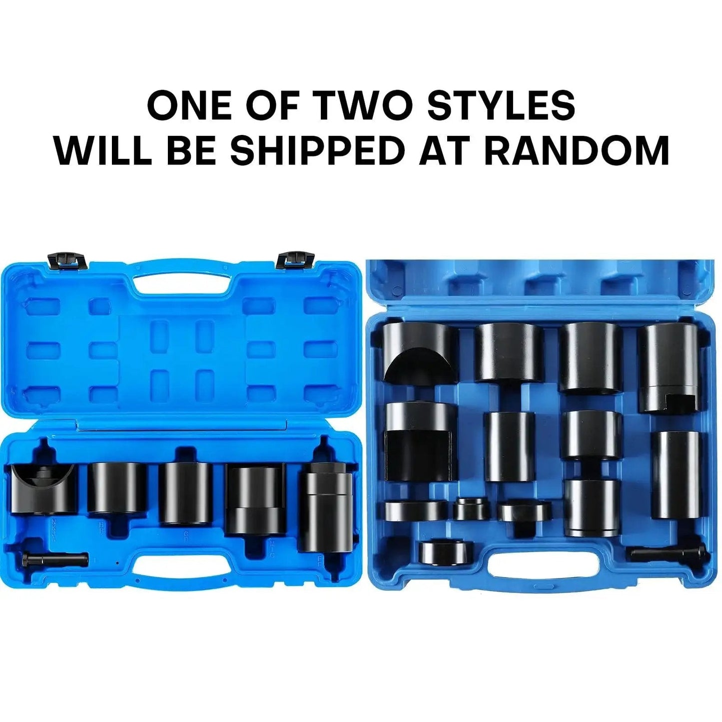 Master Ball Joint Remover And Installer Tool Set, 14 Piece Adapter Kit, shown in blue carrying case with various black attachments