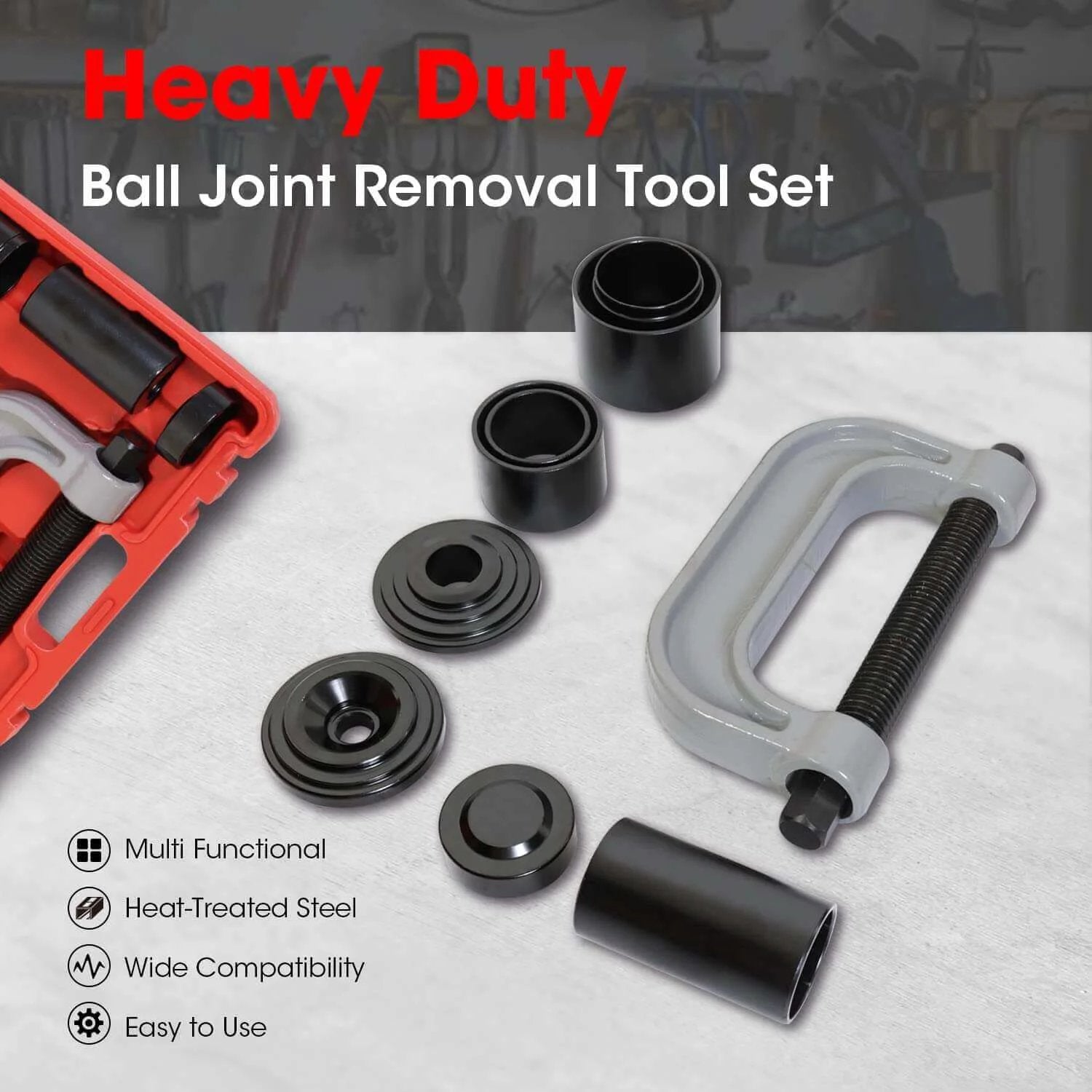 Ball Joint Press and U Joint Removal Kit, 10 PCS with Portable Storage Case, showing heat-treated steel tools and storage case.