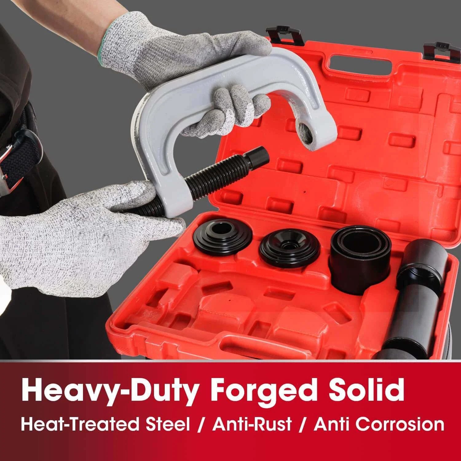 Ball Joint Press and U Joint Removal Kit, 10 PCS with Portable Storage Case, showing durable components and anti-corrosion features