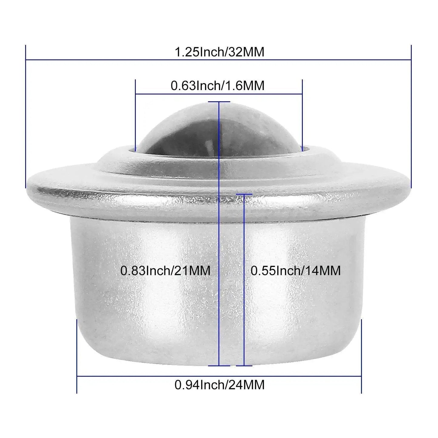 Side view of Sixteen Piece Five Eighth Inch Stainless Steel Ball Transfer Bearings Set With 360 Degree Rotation Universal Base Conveyor Rollers