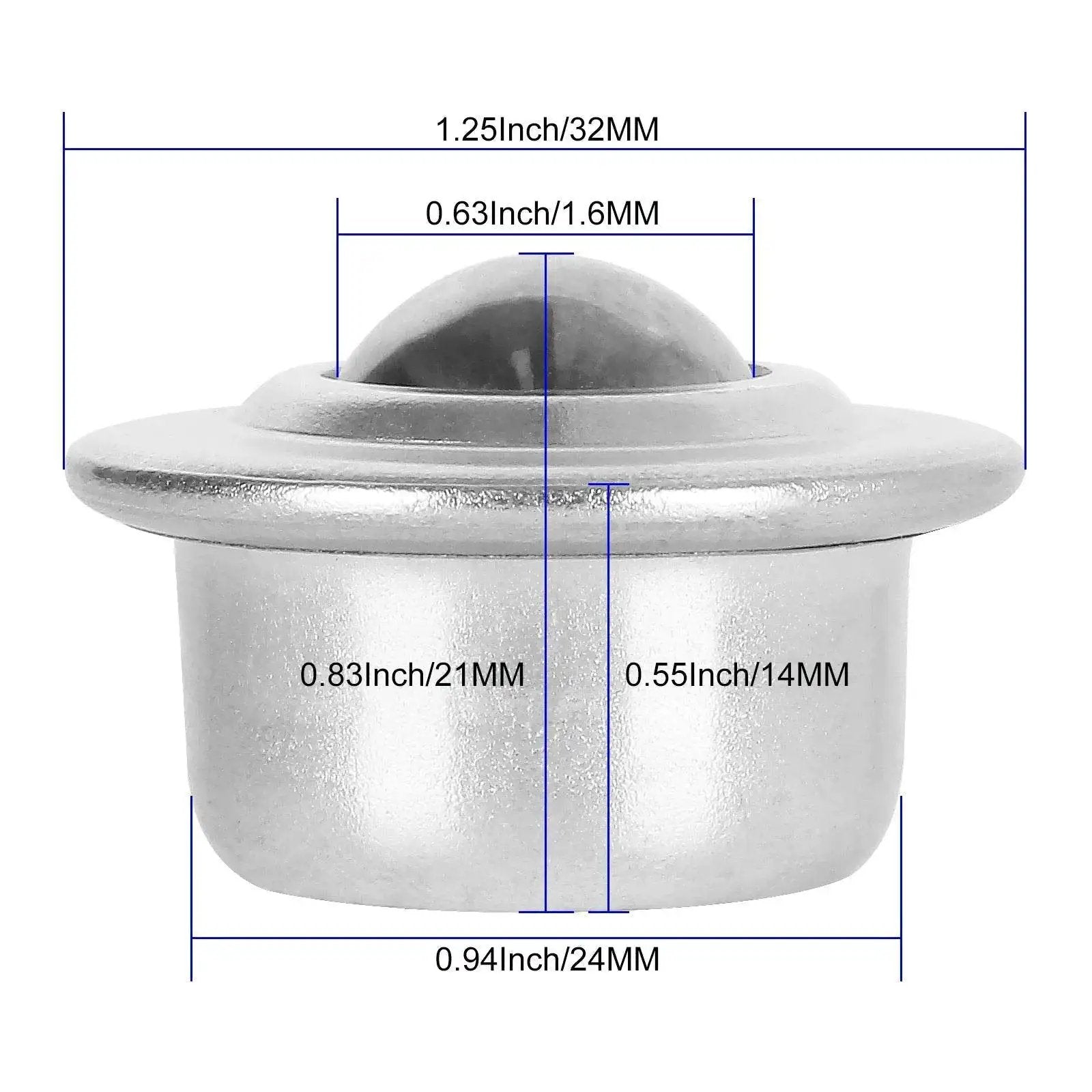 Side view of Sixteen Piece Five Eighth Inch Stainless Steel Ball Transfer Bearings Set With 360 Degree Rotation Universal Base Conveyor Rollers