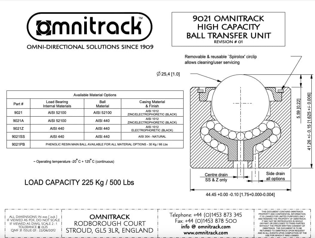 Technical diagram of Plain Fit Heavy Duty Ball Transfer Unit with 1 Inch AISI 52100 Chrome Steel Ball, 500 lb load capacity.