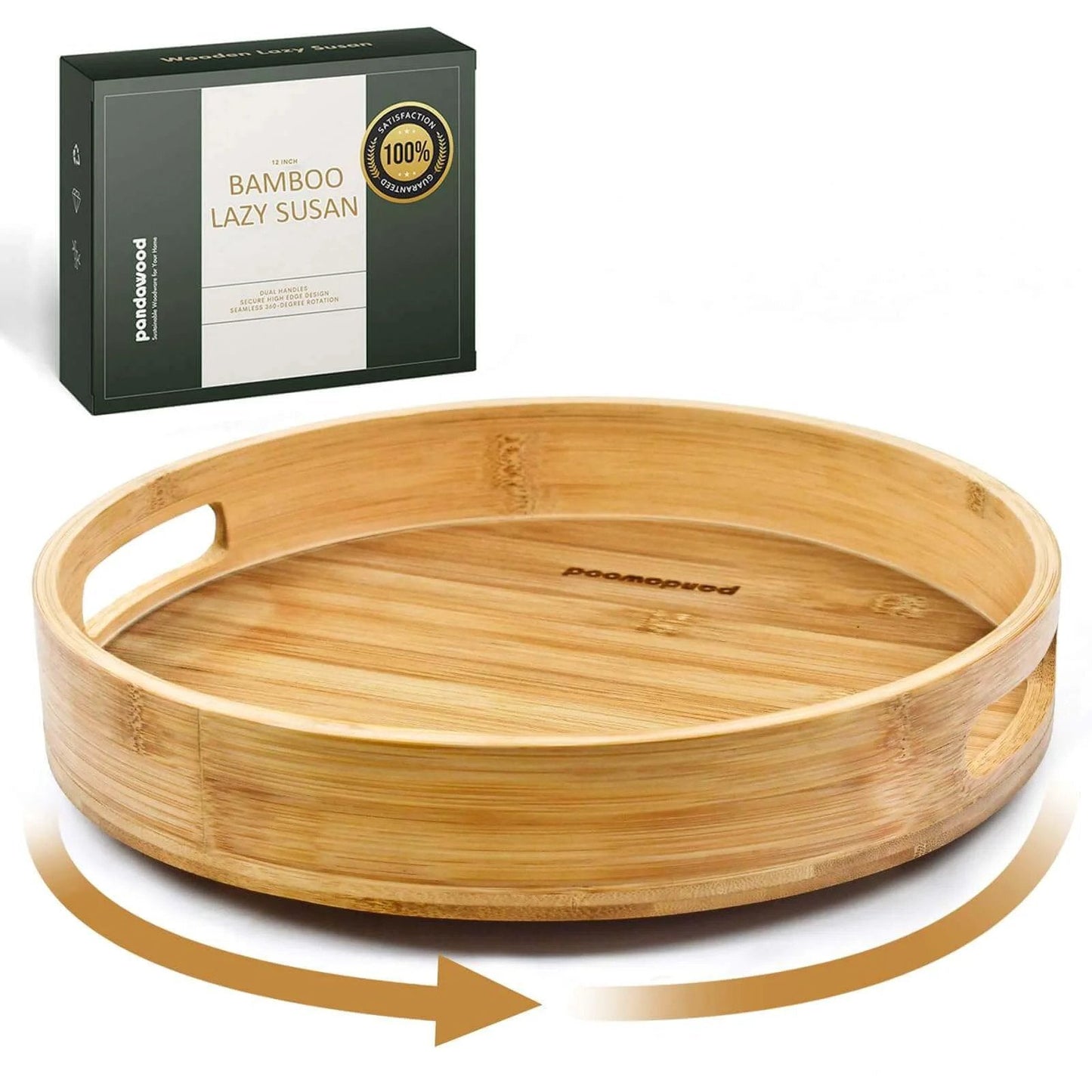 12 inch wooden lazy susan turntable organizer with handles, rotating acacia wood tray designed for kitchen countertops and cabinets