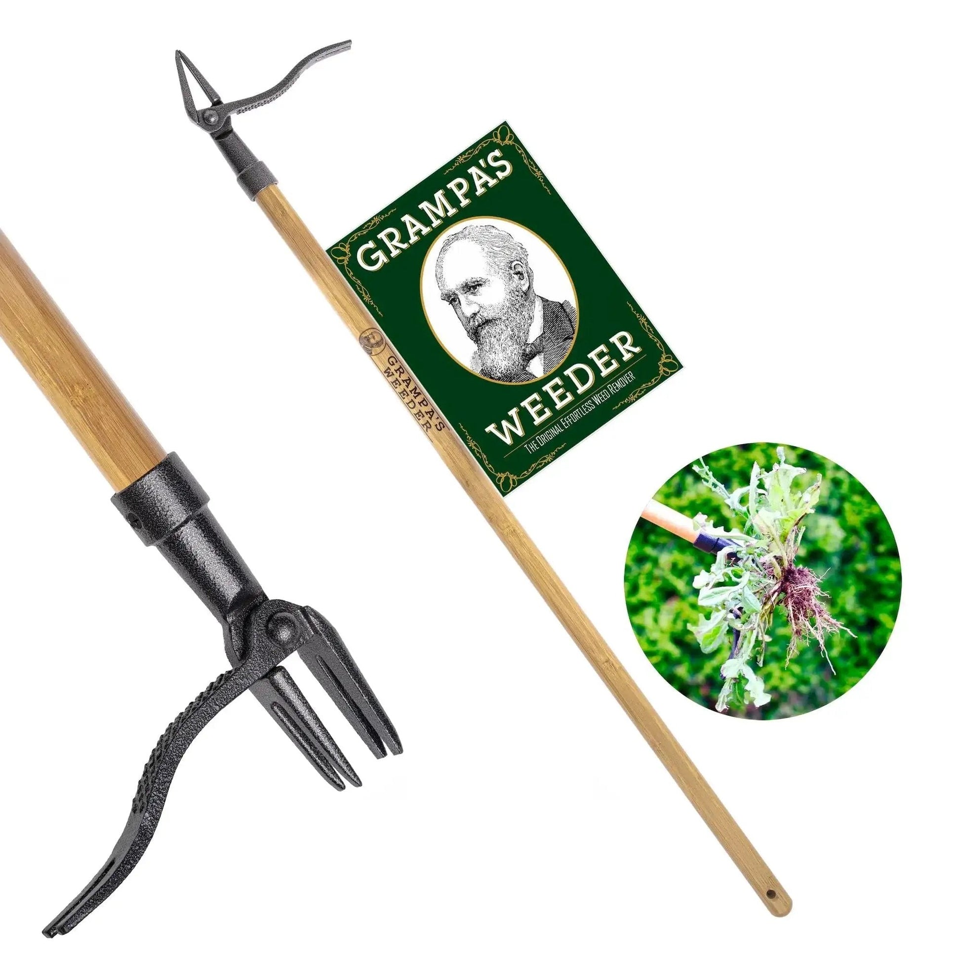 Stand Up Weed Puller With Long 45 Inch Handle And Four Claw Steel Head Made From Real Bamboo Back And Knee Friendly Weeding Tool