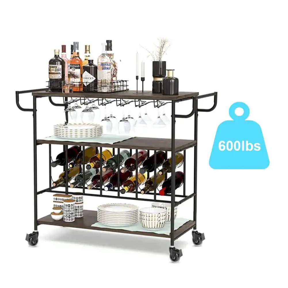 Bar cart with wine bottles and glasses, supported by Three Eighths Inch 16 UNC Threaded Stem Locking Swivel Caster Set Of Four.