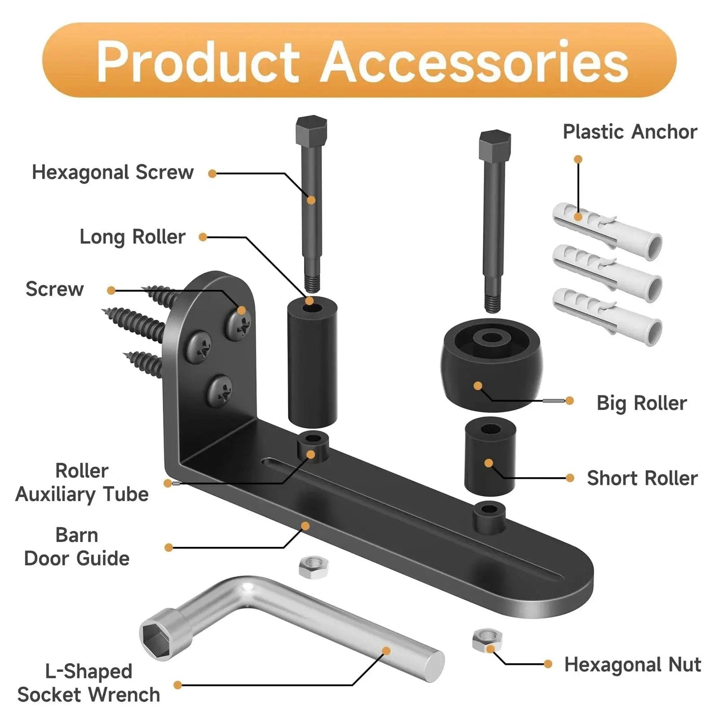 Sliding Barn Door Floor Guide With Adjustable Rollers And Hardware, Flush Flat Bottom Design With Rounded Edge, Assembly Kit