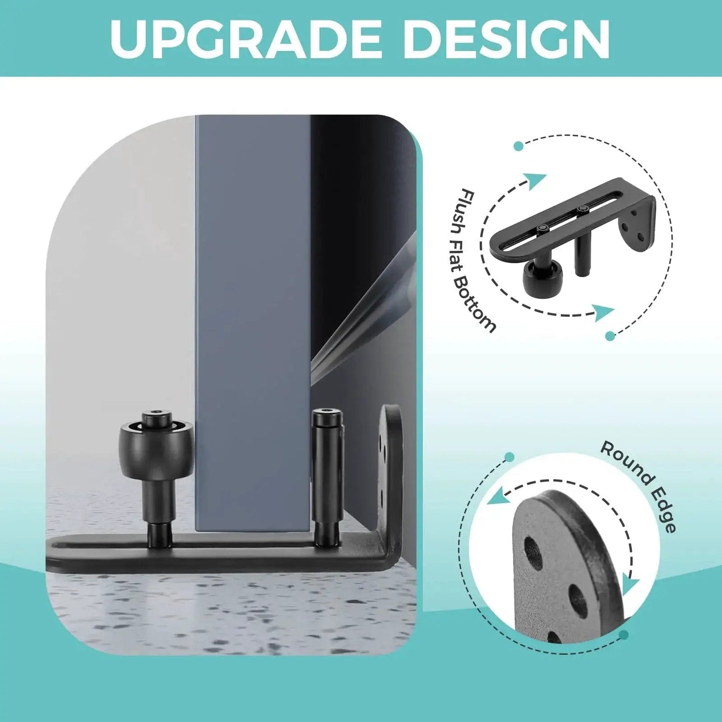 4 Pack Sliding Barn Door Floor Guides With Adjustable Rollers Flush Flat Bottom Design Solid Steel Construction Matte Black Finish Rust Resistant And Durable Hardware For Quiet Smooth Door Operation And Safe Tracking, shown in close-up view.