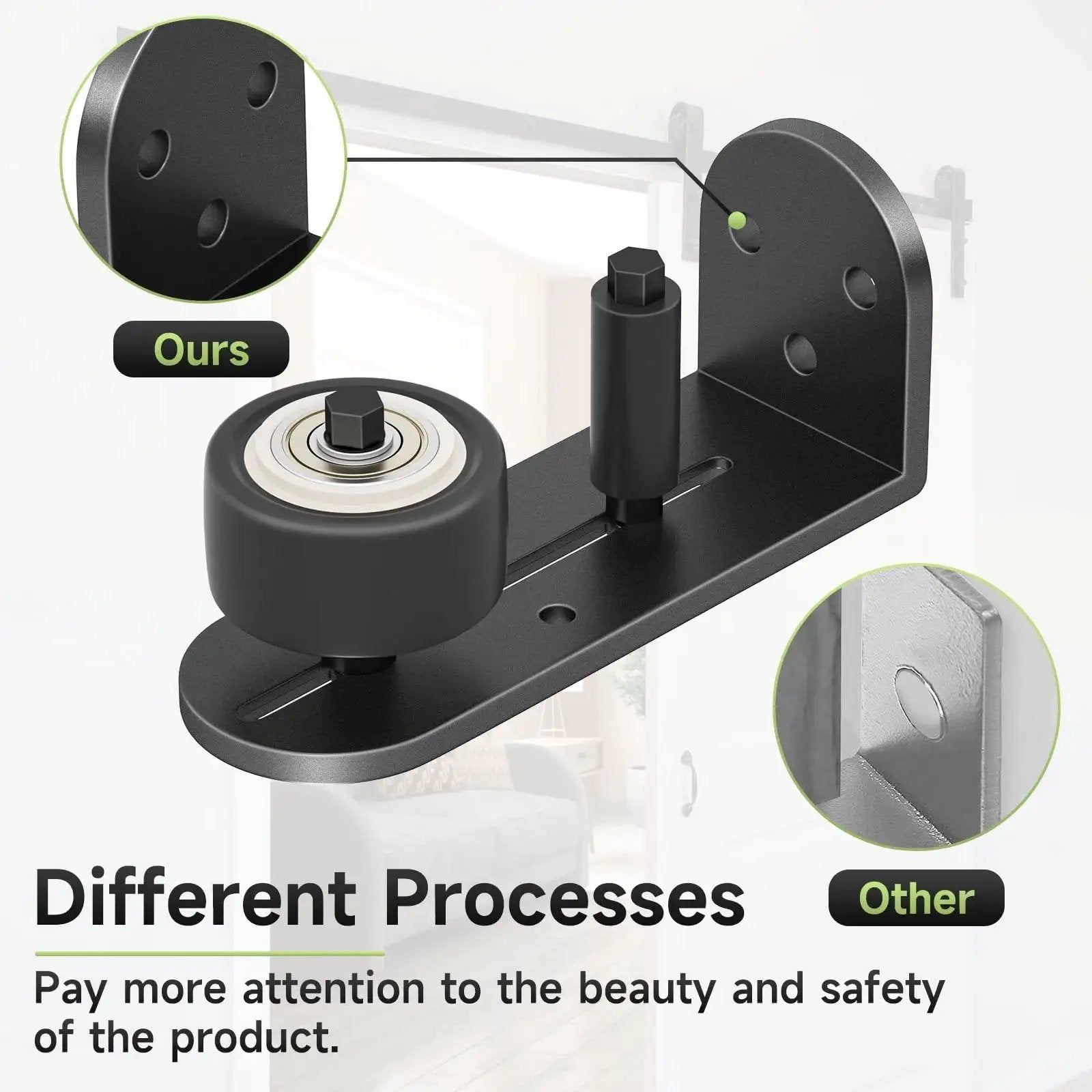 Sliding Barn Door Floor Guide With Quiet Bearing And Adjustable Rubber Rollers, Rustproof Aluminum Alloy Track for flush bottom.