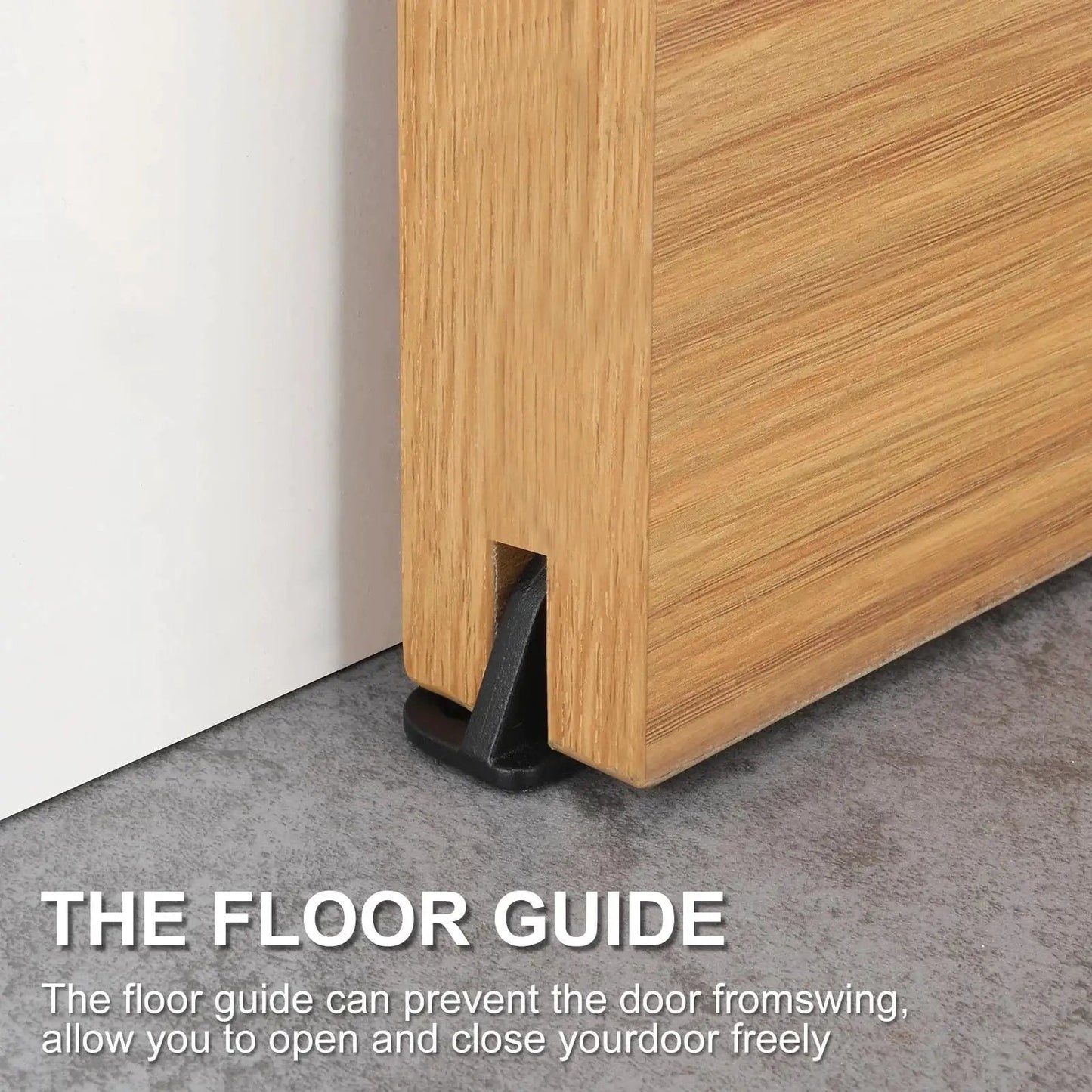 Four Barn Door Floor Guide With Bearing Design For Sliding Doors Heavy Duty Metal Hardware Durable Black Steel Frame Noise Reducing 304 Stainless Steel And Plastic Castings For Smooth Scratch Free Door Movement installed on wooden door base