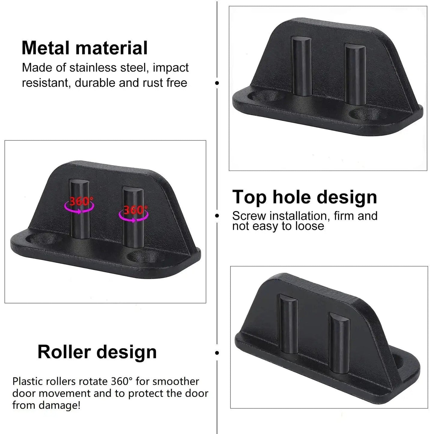 Four Barn Door Floor Guide With Bearing Design For Sliding Doors Heavy Duty Metal Hardware Durable Black Steel Frame Noise Reducing 304 Stainless Steel And Plastic Castings For Smooth Scratch Free Door Movement. Close-up view of black metal hardware with stainless steel and plastic components.