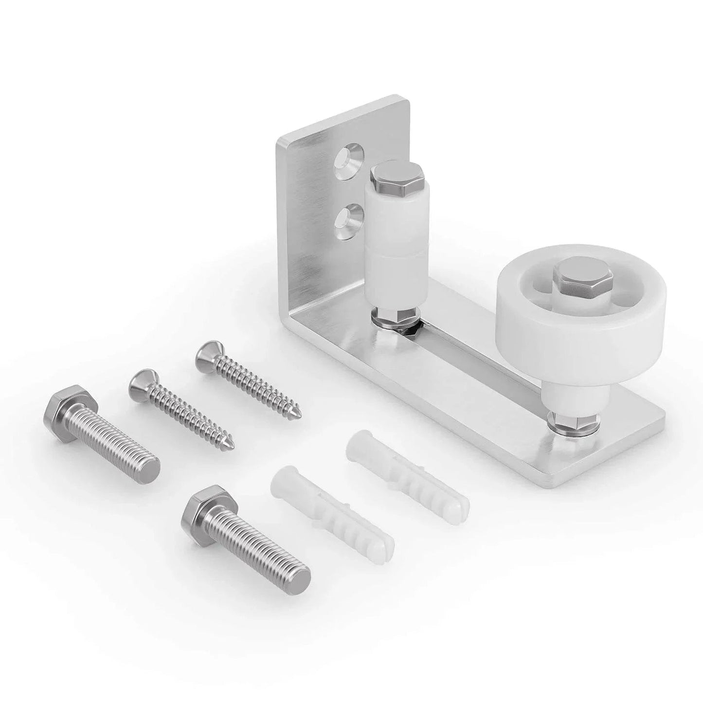 Sliding Barn Door Floor Guide With Bottom Adjustable Roller 8 Setup Options For DIYers in brushed nickel with mounting hardware