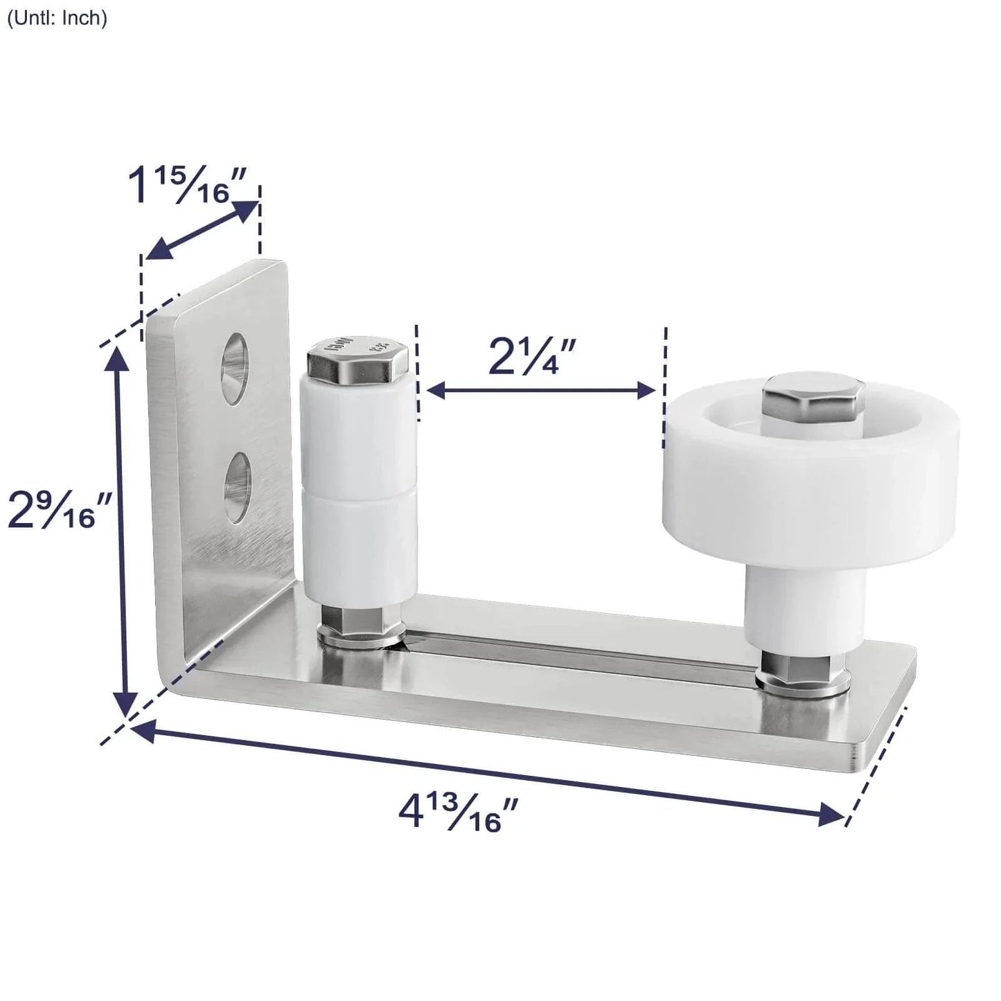 Sliding Barn Door Floor Guide With Bottom Adjustable Roller 8 Setup Options for DIYers, flush bottom, brushed nickel design, dimensions labeled.