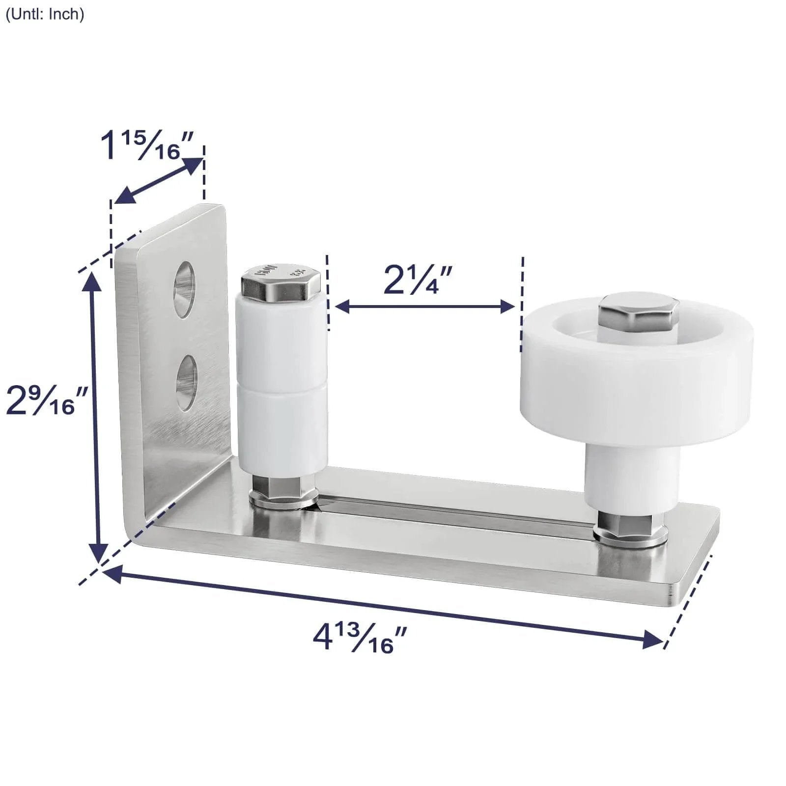 Sliding Barn Door Floor Guide With Bottom Adjustable Roller 8 Setup Options for DIYers, flush bottom, brushed nickel design, dimensions labeled.
