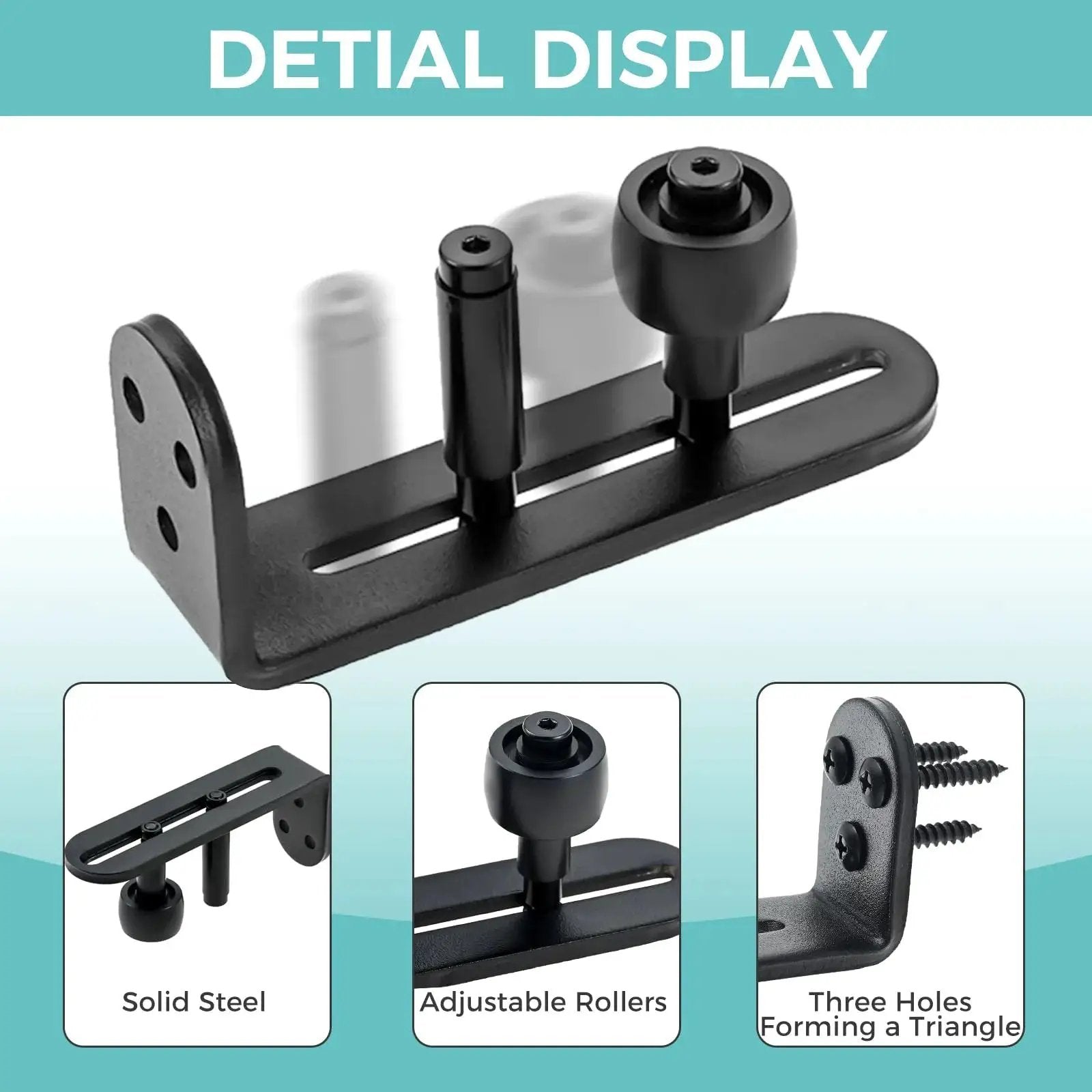 4 Pack Sliding Barn Door Floor Guides With Adjustable Rollers Flush Flat Bottom Design Solid Steel Construction Matte Black Finish Rust Resistant And Durable Hardware For Quiet Smooth Door Operation And Safe Tracking, close-up view showing solid steel with adjustable rollers and triangular hole design.