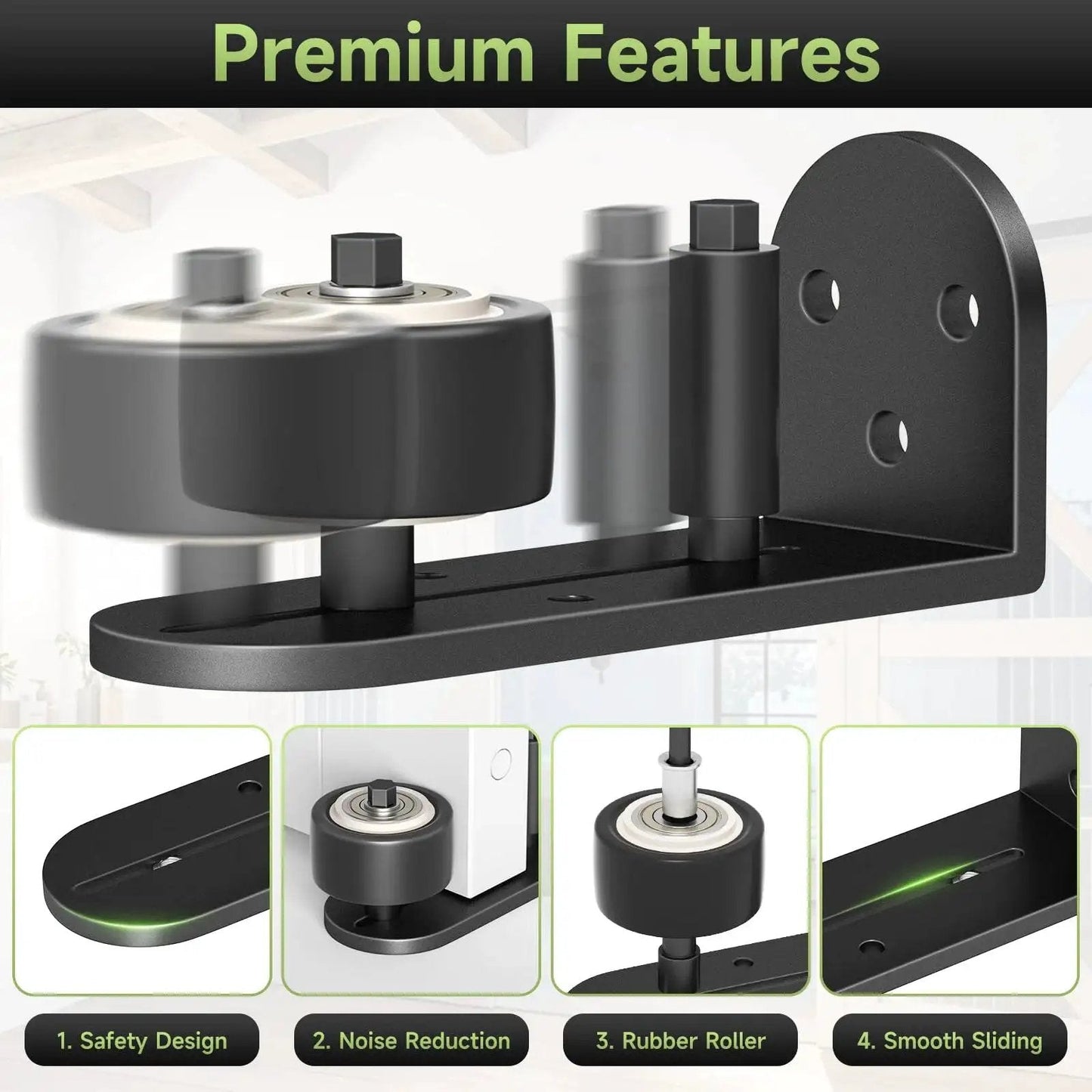 Sliding Barn Door Floor Guide With Quiet Bearing And Adjustable Rubber Rollers, rustproof aluminum alloy, close-up view