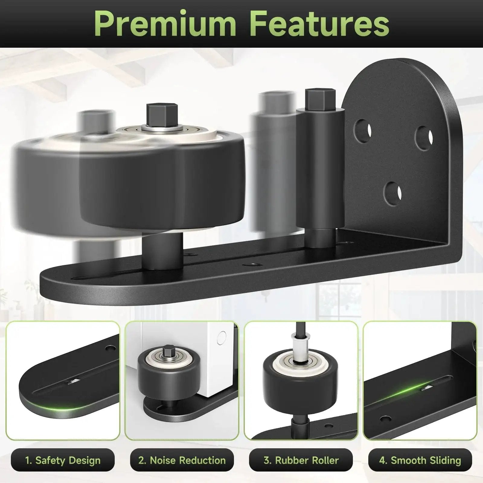 Sliding Barn Door Floor Guide With Quiet Bearing And Adjustable Rubber Rollers, rustproof aluminum alloy, close-up view