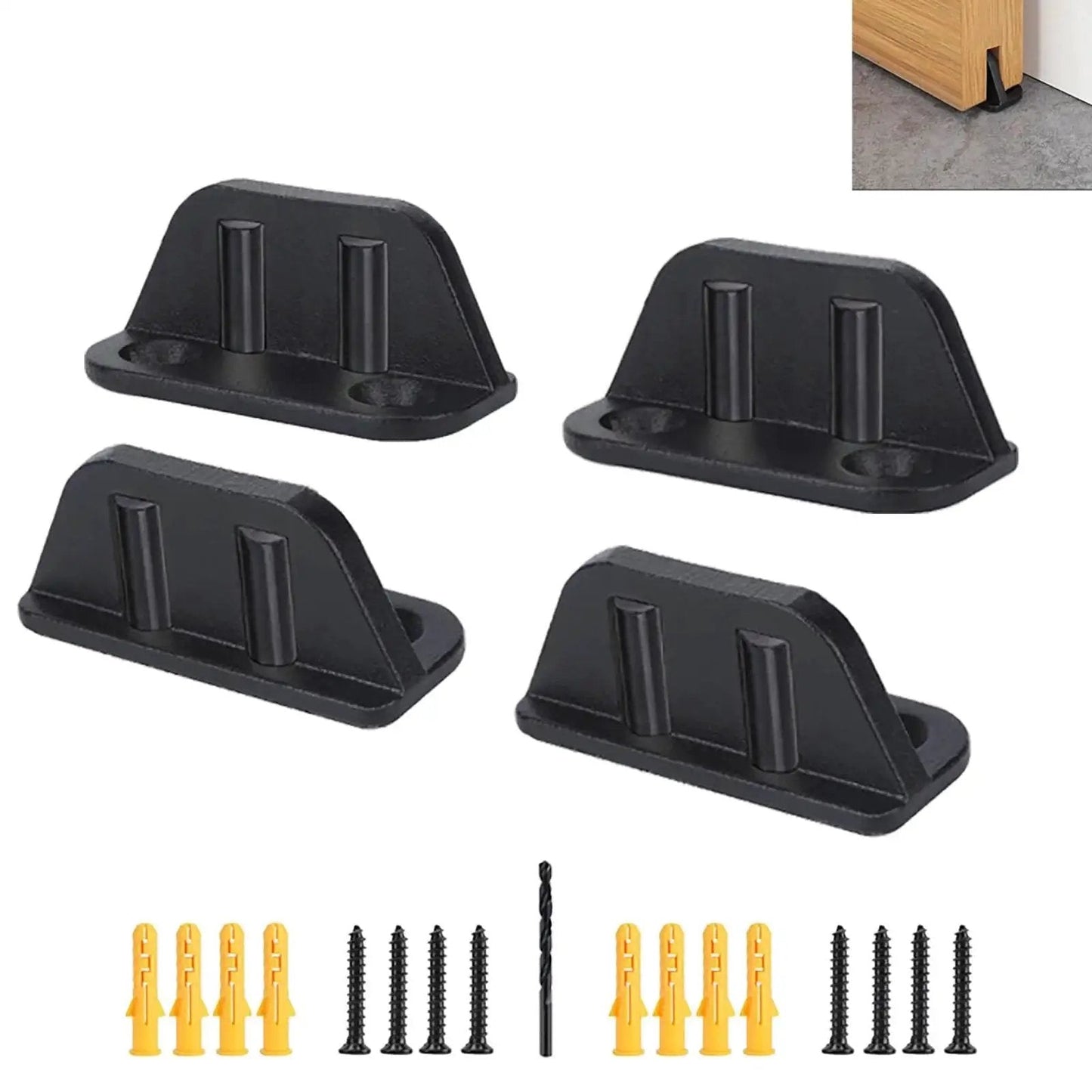 Four Barn Door Floor Guide With Bearing Design For Sliding Doors Heavy Duty Metal Hardware, black steel frame, screws and anchors shown