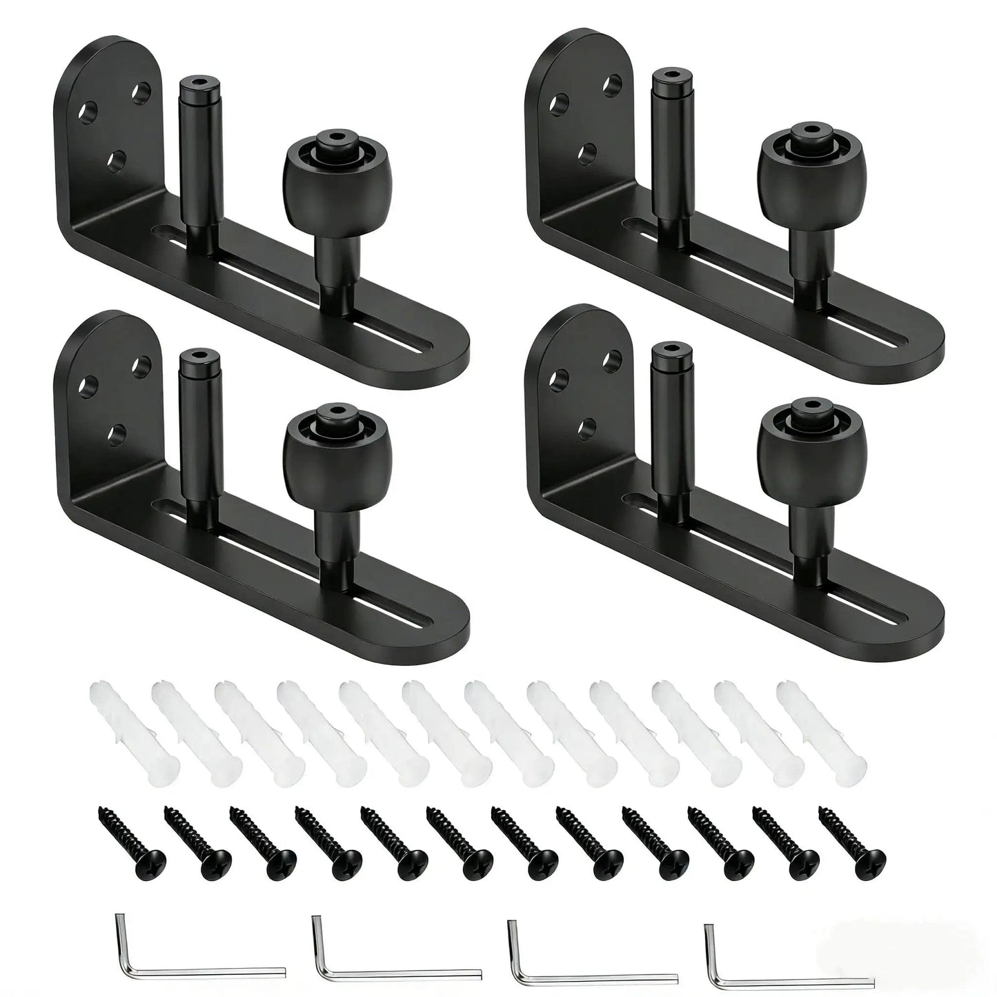 4 Pack Sliding Barn Door Floor Guides With Adjustable Rollers Flush Flat Bottom Design Solid Steel Construction Matte Black Finish Rust Resistant And Durable Hardware For Quiet Smooth Door Operation And Safe Tracking, showing components with screws and tools.