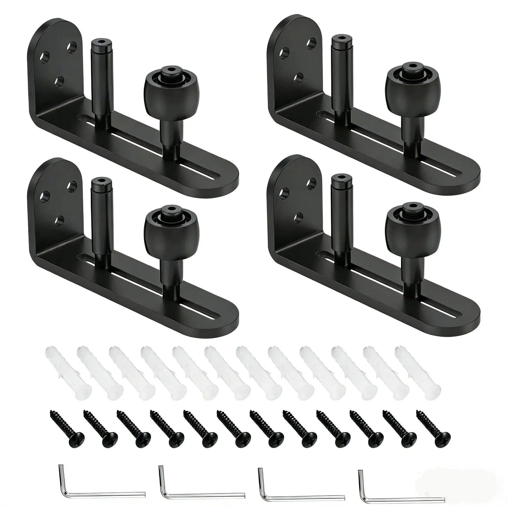 4 Pack Sliding Barn Door Floor Guides With Adjustable Rollers Flush Flat Bottom Design Solid Steel Construction Matte Black Finish Rust Resistant And Durable Hardware For Quiet Smooth Door Operation And Safe Tracking, showing components with screws and tools.