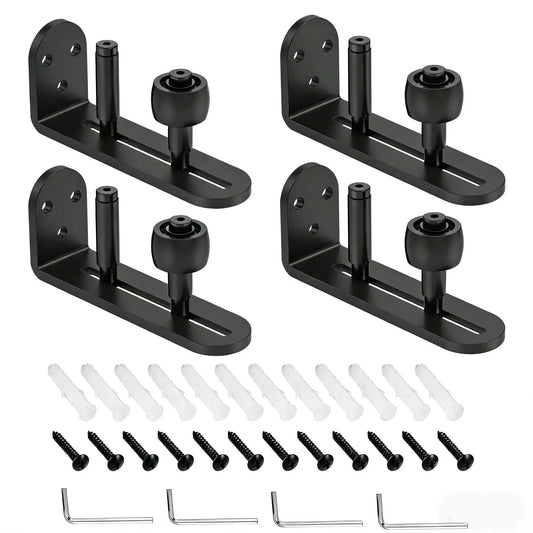 4 Pack Sliding Barn Door Floor Guides With Adjustable Rollers Flush Flat Bottom Design Solid Steel Construction Matte Black Finish Rust Resistant And Durable Hardware For Quiet Smooth Door Operation And Safe Tracking, showing components with screws and tools.