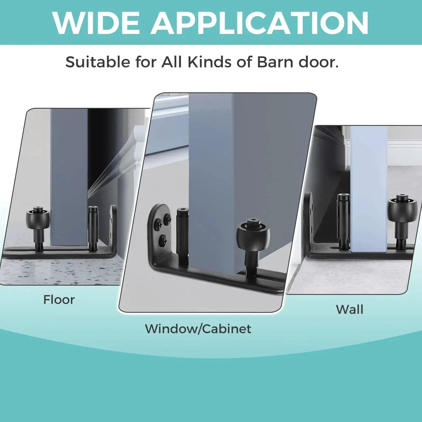 4 Pack Sliding Barn Door Floor Guides With Adjustable Rollers Flush Flat Bottom Design Solid Steel Construction Matte Black Finish shown in floor, window/cabinet, and wall applications.