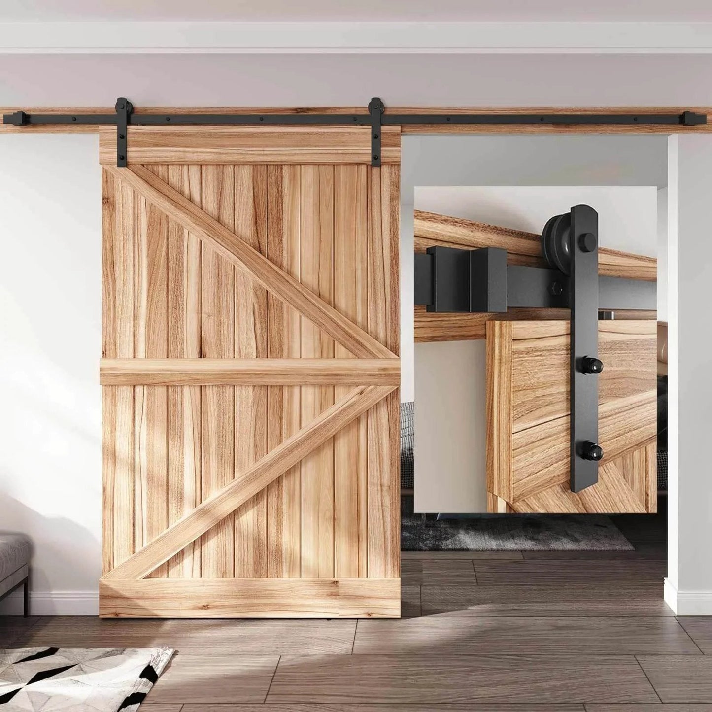Wooden barn door with 10 FT Heavy Duty Sliding Barn Door Hardware Track Kit and straight pulley, installed indoors on a 60" opening.