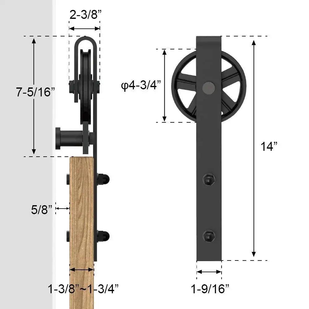 Premium Black Finish Wood Double Sliding Barn Door Hardware Kit with Big Spoke Wheel Rollers side view measurements