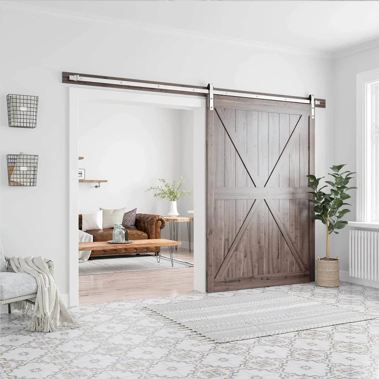 Interior view of 10 Feet Brushed Nickel Barn Door Hardware Kit-Heavy Duty Sliding Track-Smoothly and Quietly-Easy to Install-Fit 60" Wide Door Panel (J Shape Hanger) installed on wooden door.