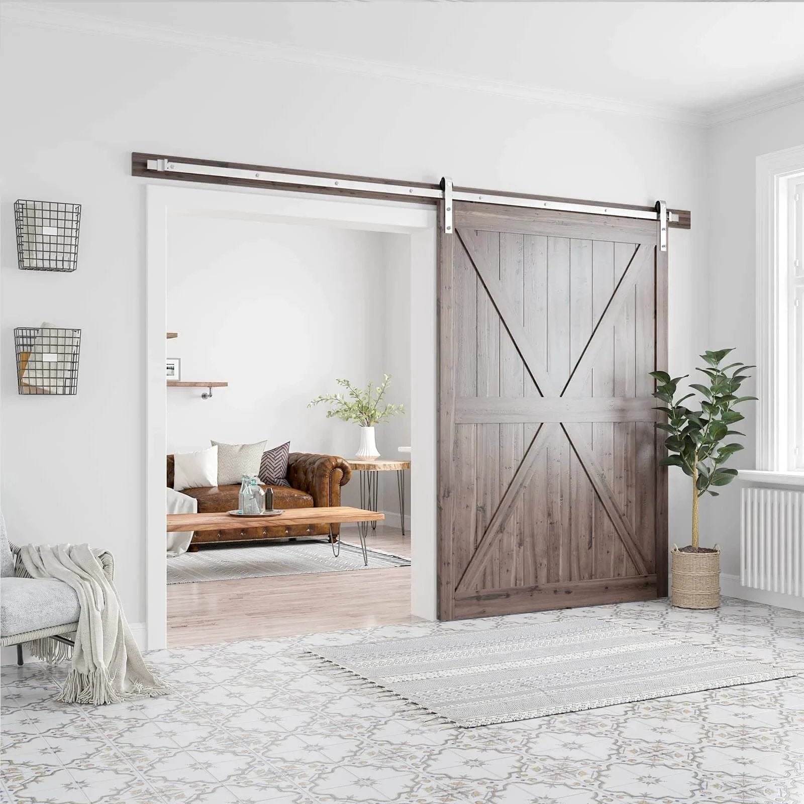 Interior view of 10 Feet Brushed Nickel Barn Door Hardware Kit-Heavy Duty Sliding Track-Smoothly and Quietly-Easy to Install-Fit 60" Wide Door Panel (J Shape Hanger) installed on wooden door.