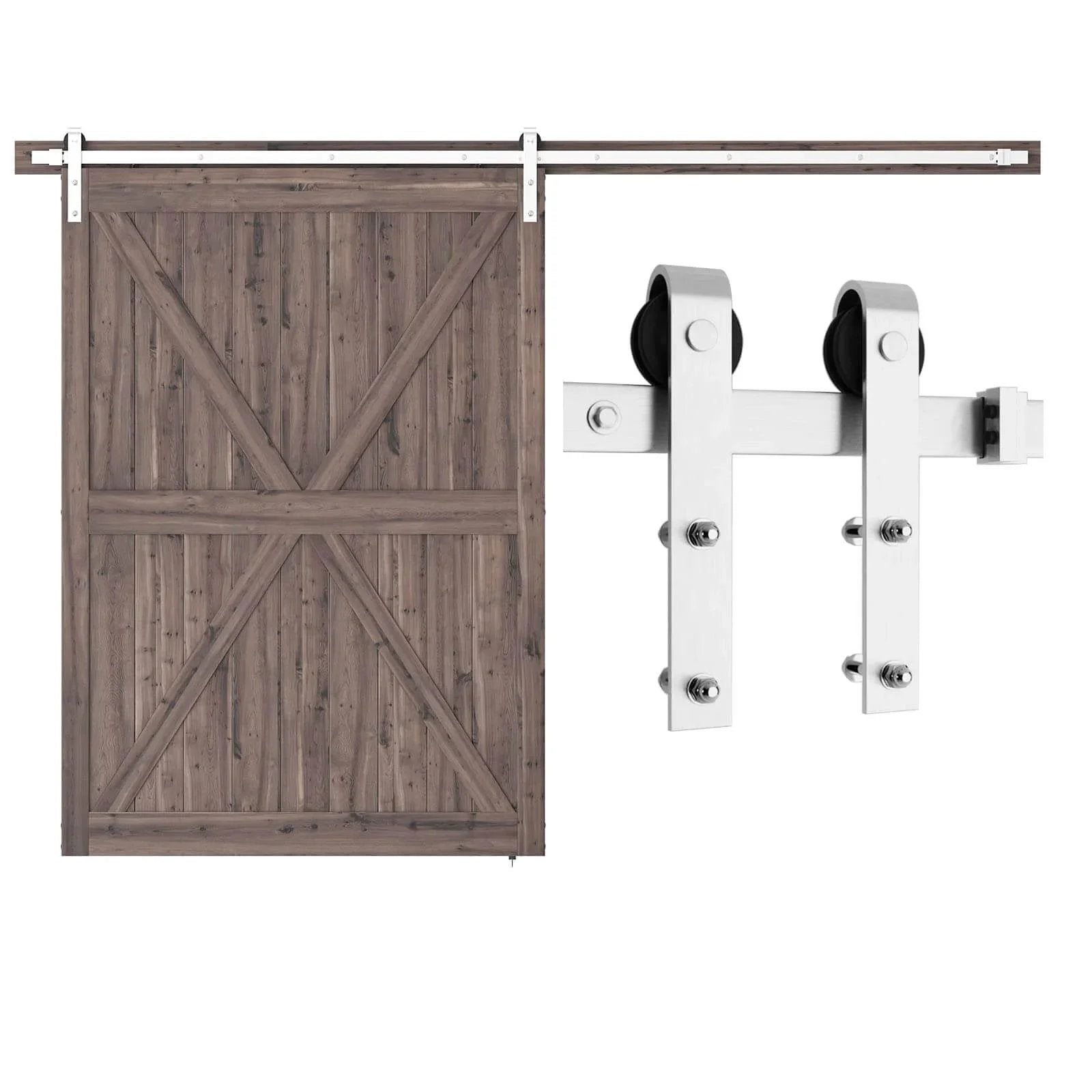 Wood door with 10 Feet Brushed Nickel Barn Door Hardware Kit-Heavy Duty Sliding Track-Smoothly and Quietly-Easy to Install