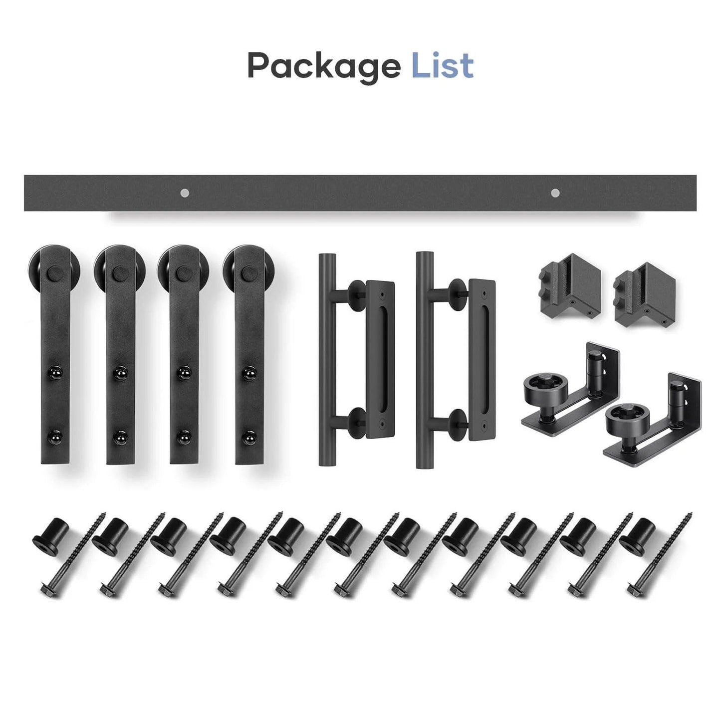 14 FT Double Sliding Barn Door Hardware Kit components with tracks, pulleys, handles, black powder coated aluminum, supports up to 360 lbs