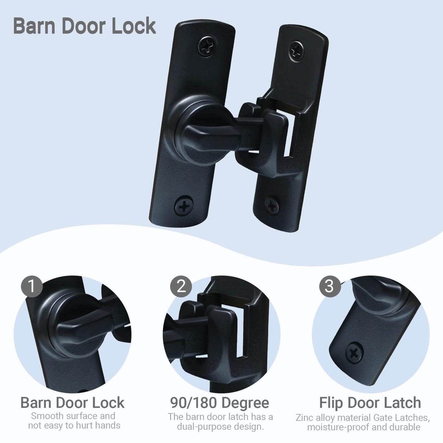 Upgraded Barn Door Lock - 90/180 Degree Flip Door Latch, shown from various angles highlighting its smooth finish and dual-purpose design