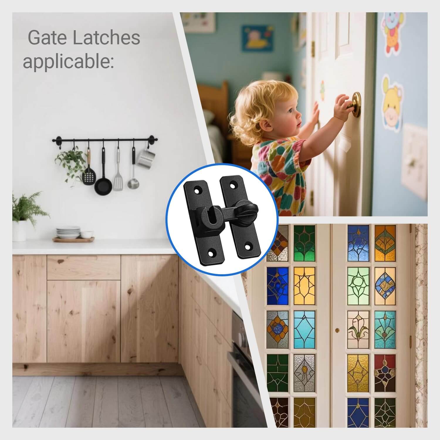 Upgraded Barn Door Lock - 90/180 Degree Flip Door Latch shown with applicable uses on cabinets, windows, and a child's room door.
