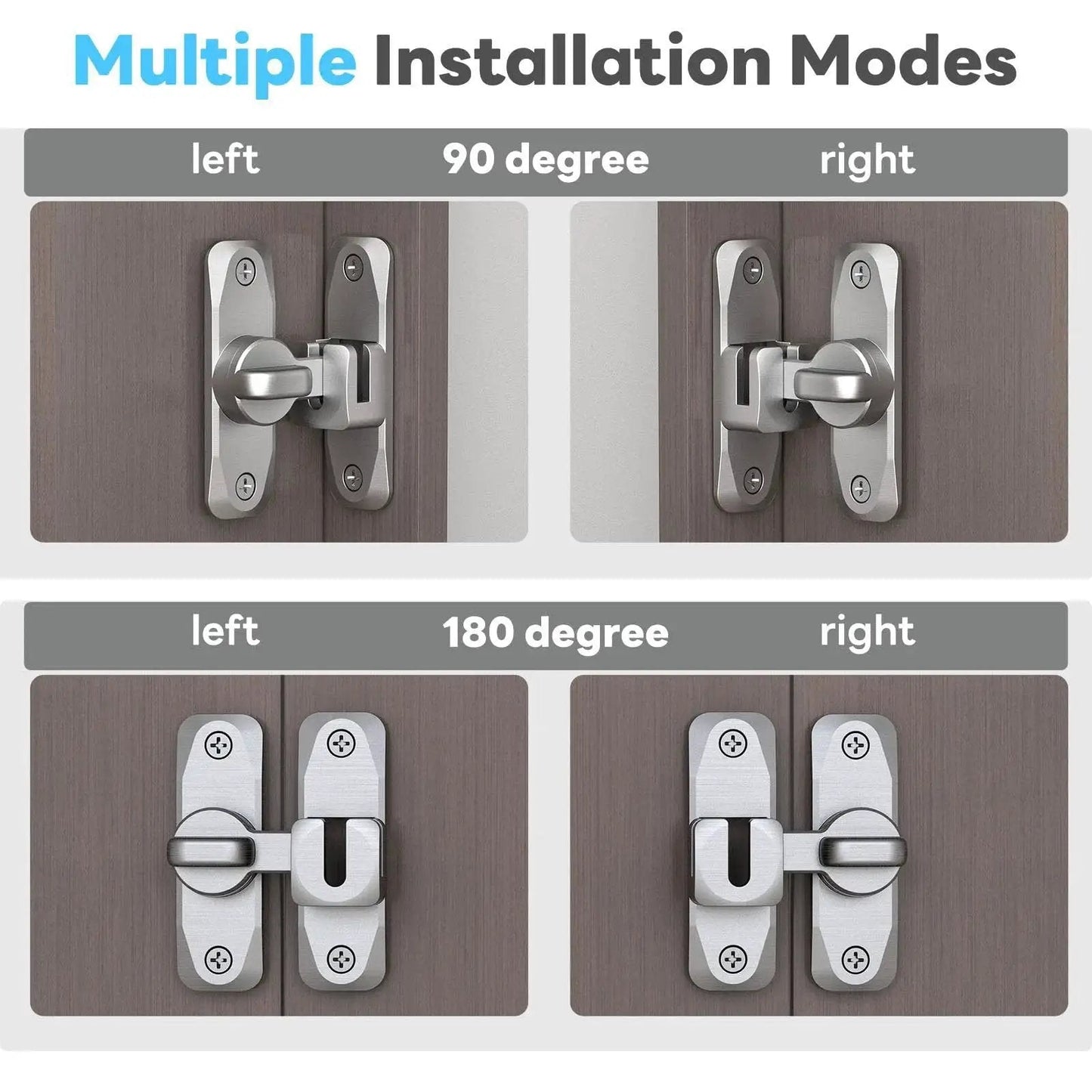 Multiple installation modes for 90 and 180 Degree Barn Door Lock Set for Privacy and Security, zinc alloy, silver finish