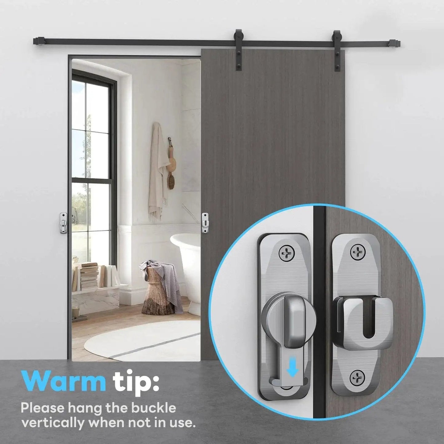 90 And 180 Degree Barn Door Lock Set For Privacy And Security, flip latch installed on a sliding bathroom door, zinc alloy, silver finish