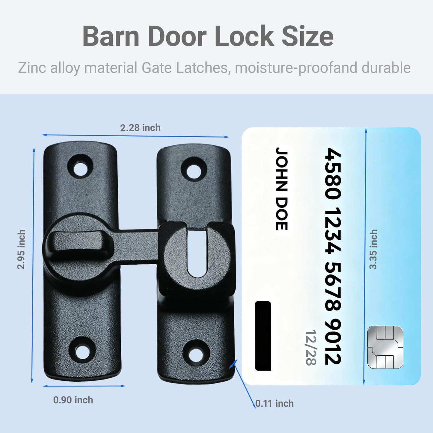 Image showing the size of the Upgraded Barn Door Lock - 90/180 Degree Flip Door Latch next to a credit card for scale, with dimensions.