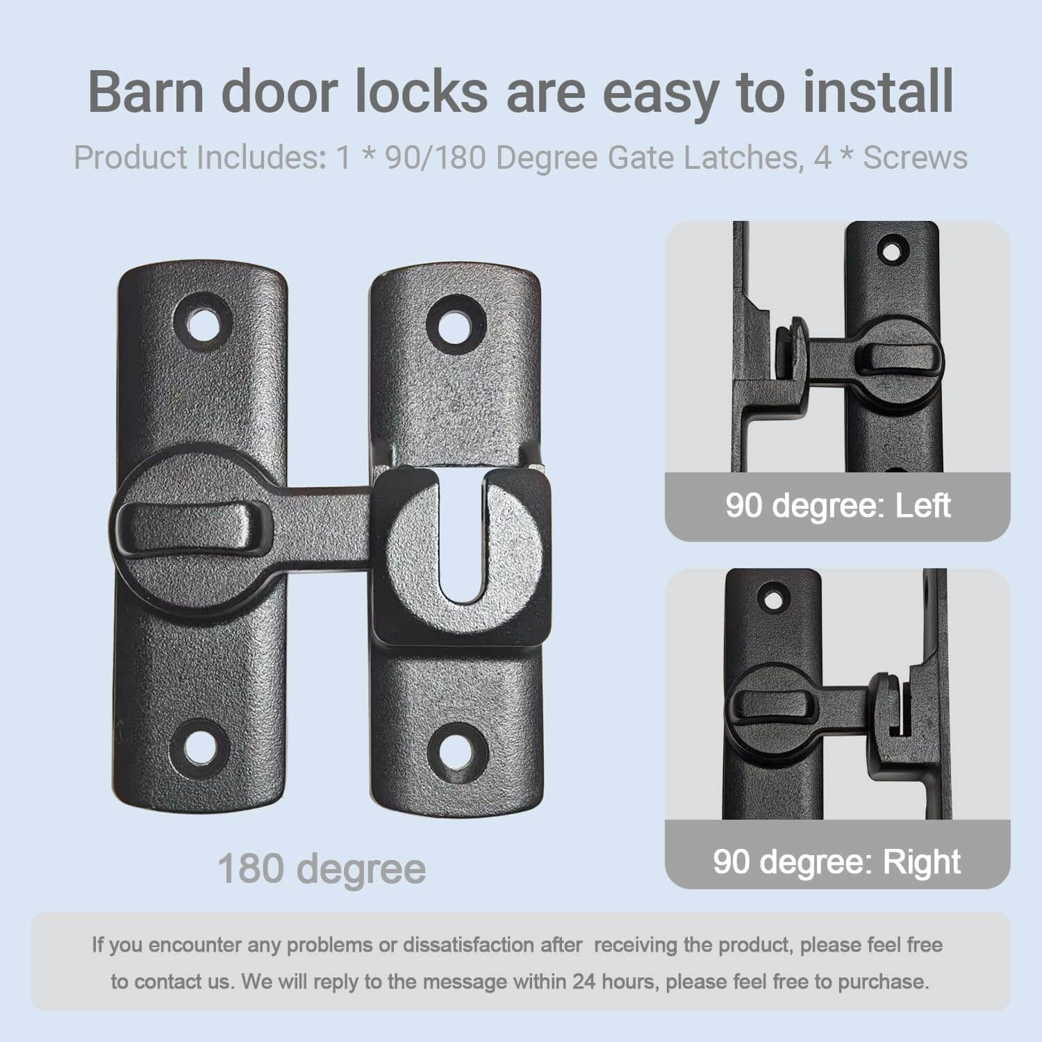 Upgraded Barn Door Lock - 90/180 Degree Flip Door Latch with screws, shown in open positions, for barn or garden
