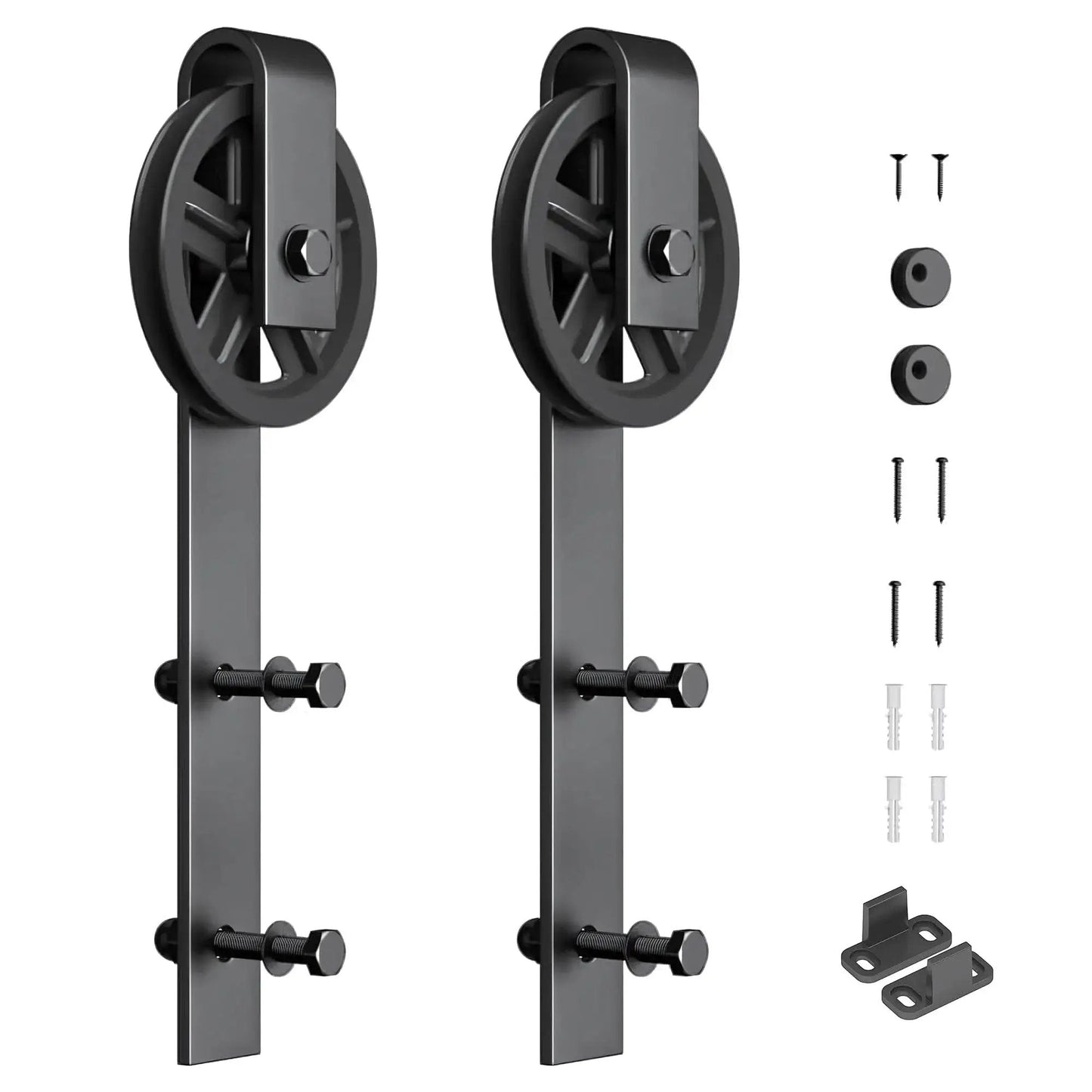 2 Pack Barn Door Roller Kit With Large Wheel Hangers Easy To Install For Thick Door Tracks Fits Door Thickness 1 3 8 To 1 3 4 Inches Black Finish Carbon Steel Body POM Wheel Supports Up To 260 Lb Weight Capacity