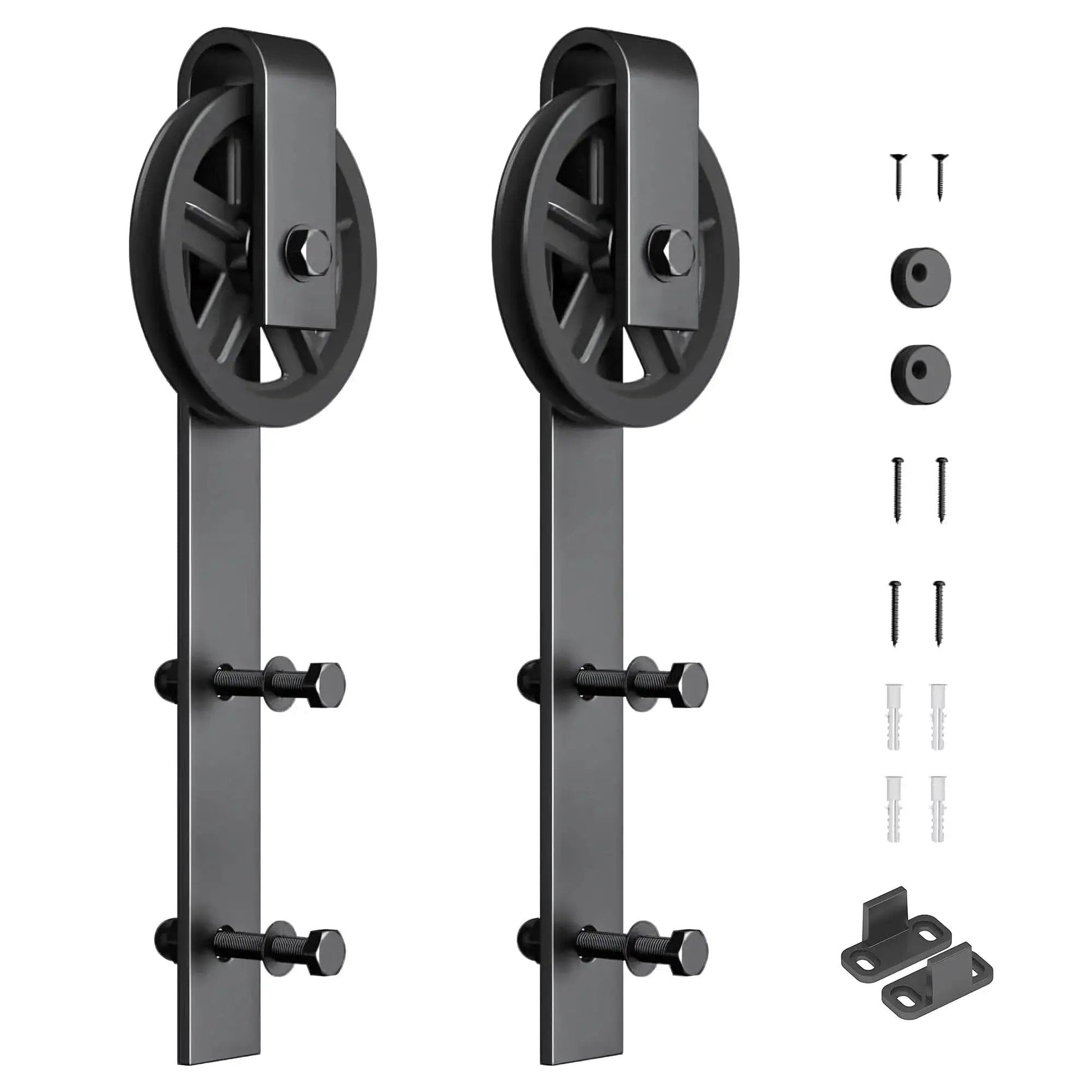2 Pack Barn Door Roller Kit With Large Wheel Hangers Easy To Install For Thick Door Tracks Fits Door Thickness 1 3 8 To 1 3 4 Inches Black Finish Carbon Steel Body POM Wheel Supports Up To 260 Lb Weight Capacity