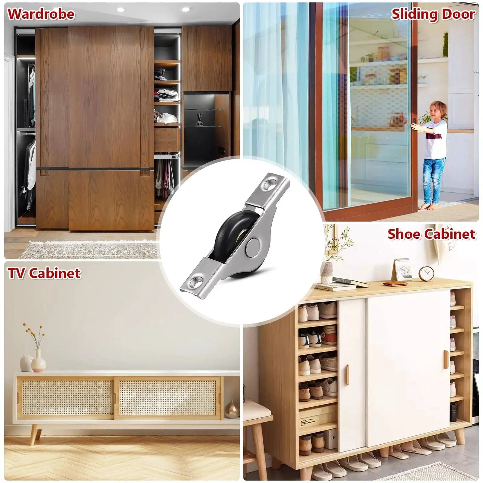 4 Pieces Barn Door Kit With Sliding Door Rollers And Track Wheels For Wardrobe Cupboard Cabinets, includes bottom pulley and scroll wheel hardware, displayed in various home decor setups.