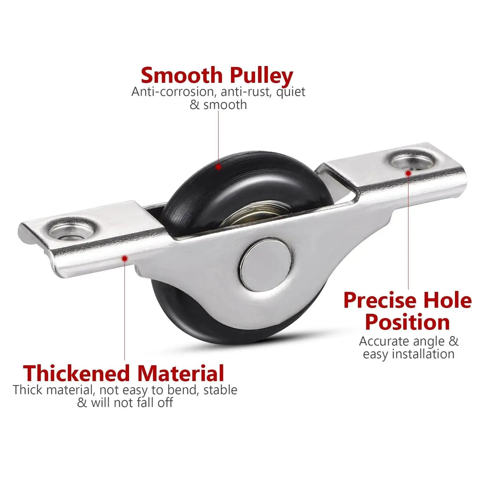 4 Pieces Barn Door Kit With Sliding Door Rollers And Track Wheels For Wardrobe Cupboard Cabinets Includes Bottom Pulley And Scroll Wheel Hardware For Smooth Easy Sliding Ideal For Home And Office Decor Great For Quick Install roller close-up showing thick material and precise hole position