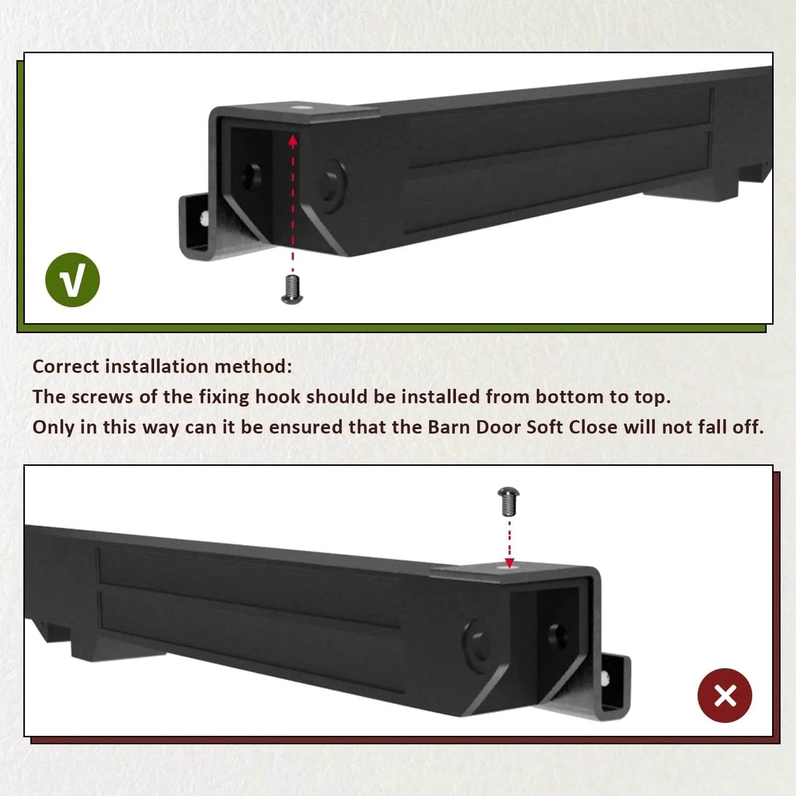 Side view of 2PCS Barn Door Soft Close Mechanism Spring Buffer Damper installation guide with correct and incorrect methods shown.