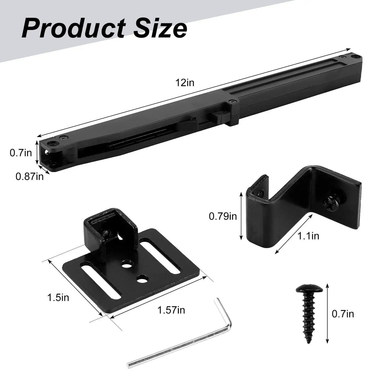 Dimensions and components of Four Pack Barn Door Soft Close Mechanisms With Spring Buffer Dampers for sliding doors up to 160 lbs.