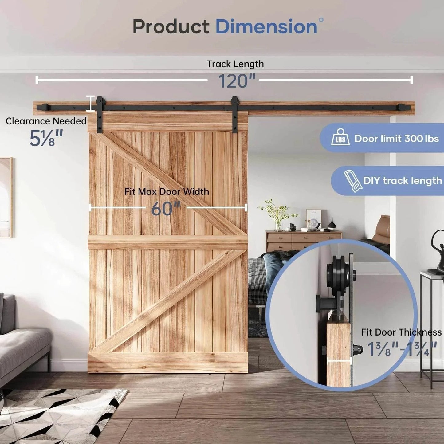Image showing 10 FT Heavy Duty Sliding Barn Door Hardware Track Kit with 60" wide door installation example, straight pulley.