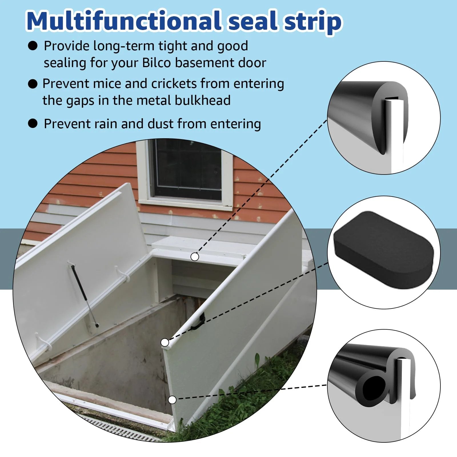 Basement Door Weather Stripping Kit Replacement For Bilco Doors, U-shaped gasket and seal pads shown on basement door.