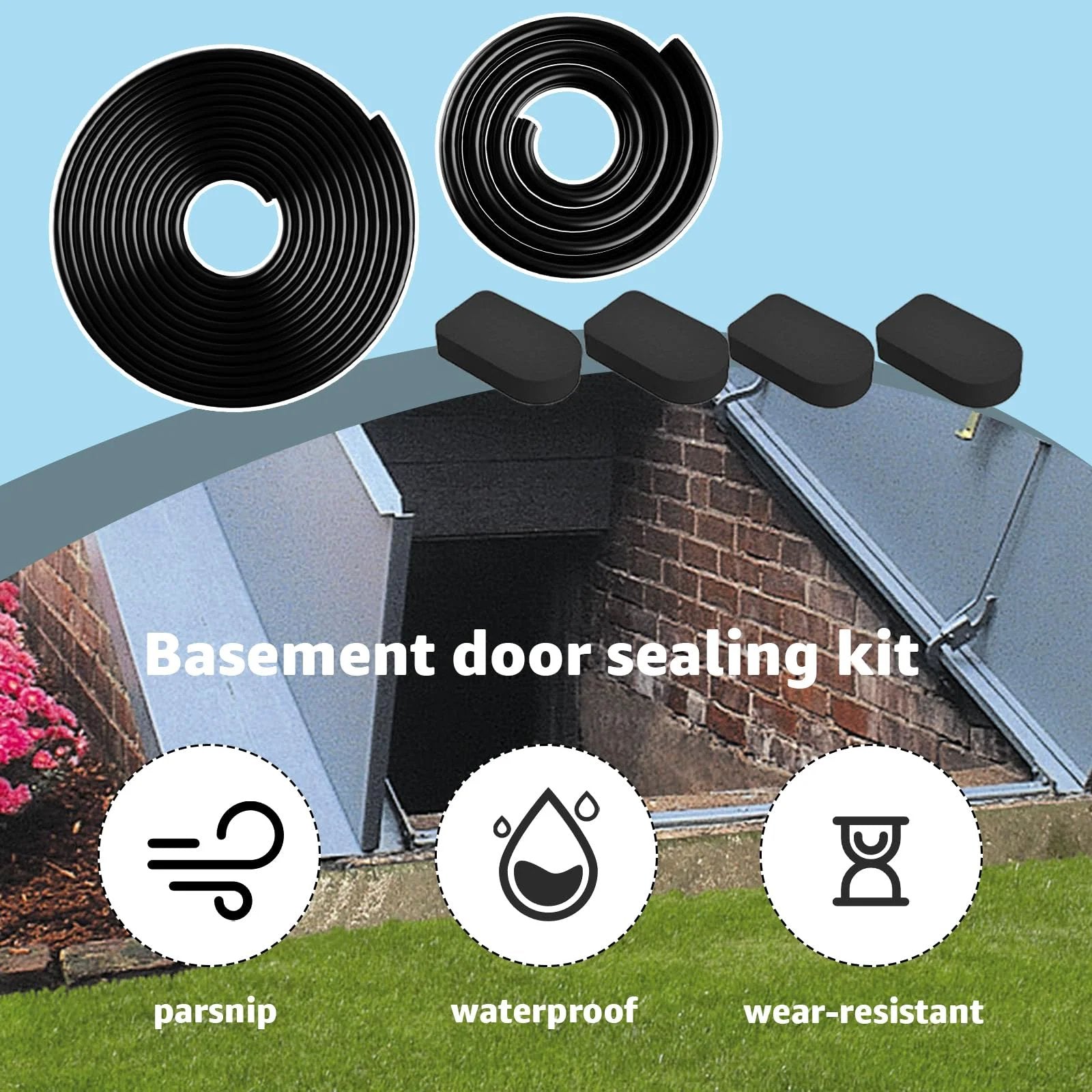 Basement Door Weather Stripping Kit Replacement For Bilco Doors Includes U Shaped Gasket Bulb Trim Gasket And Cap Seal Pads For Easy Install And A Tight Seal Black Heavy Duty Durable Rubber Weather Stripping coiled with installed seals.